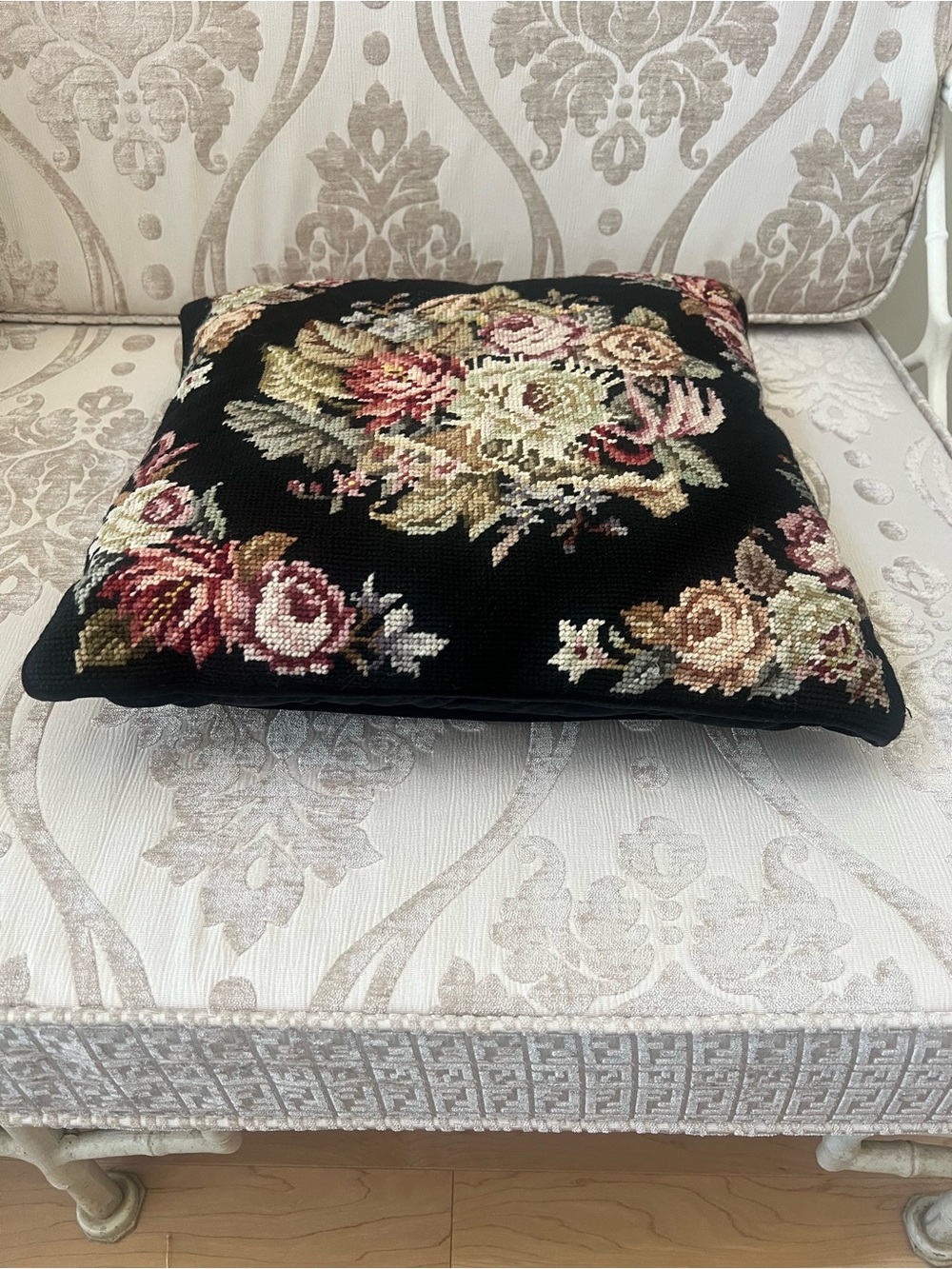 Vintage Black Floral Needlepoint Accent Pillow - Classic Rose Bouquet